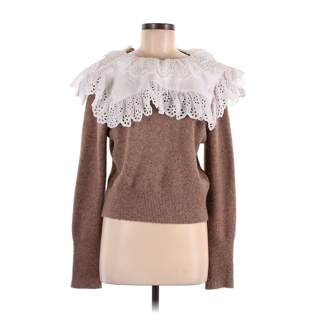 ZARA Brown White Combination Eyelet Collar Wool Blend Sweater - M